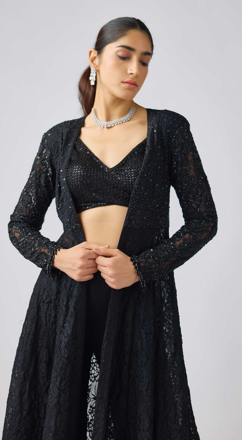 Black Georgette Embroidered Cape Set