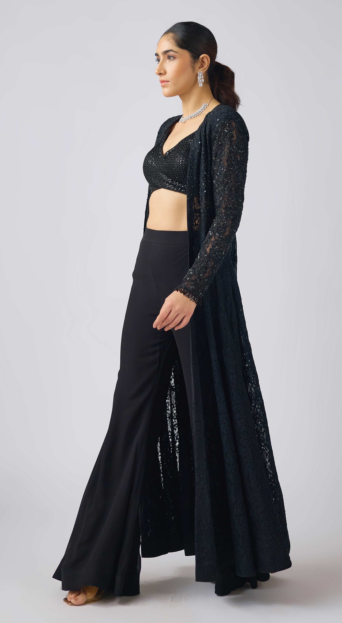 Black Georgette Embroidered Cape Set