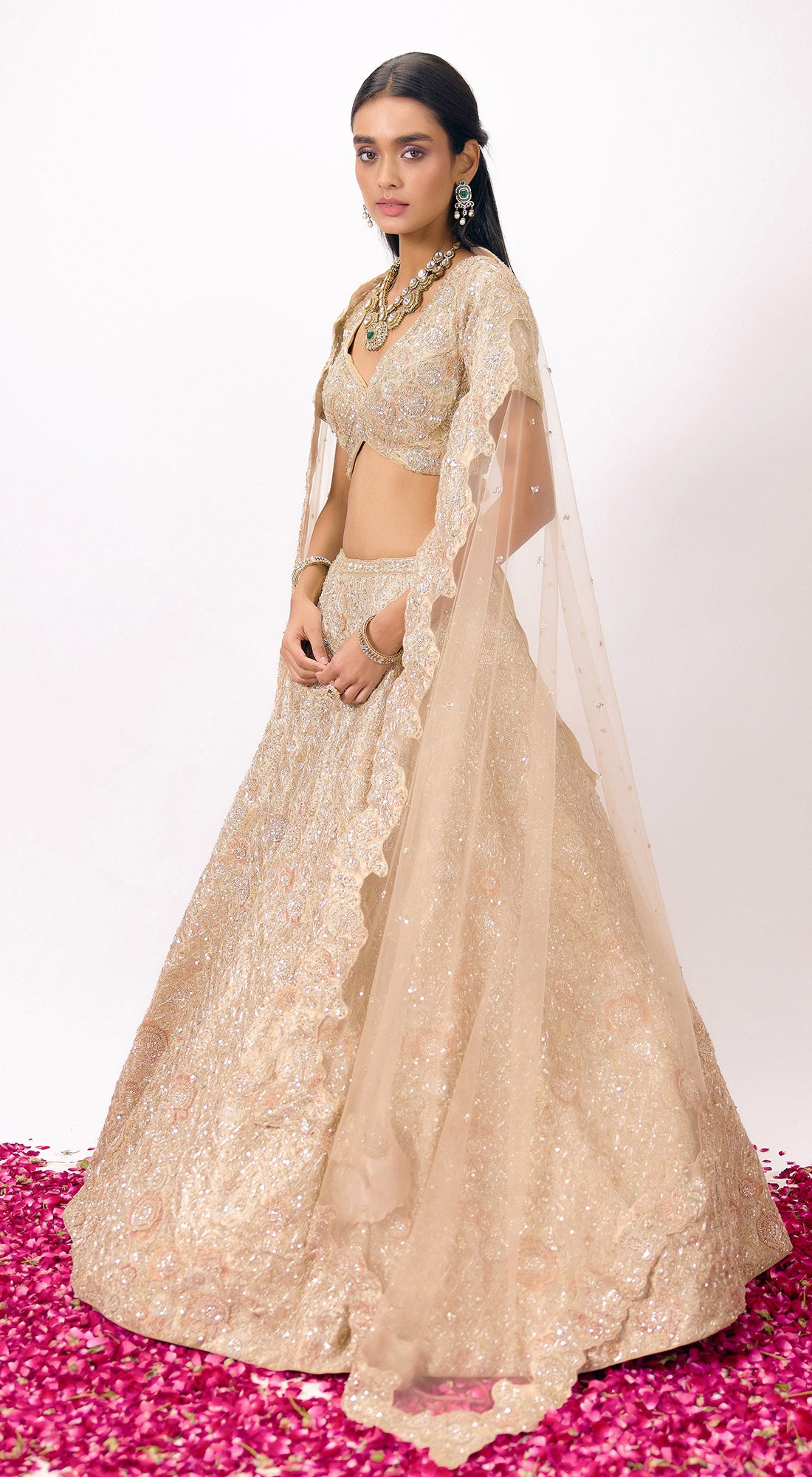 Beige Tissue Embroidered Lehenga Set