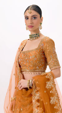 Orange Silk Embroidered Lehenga Set