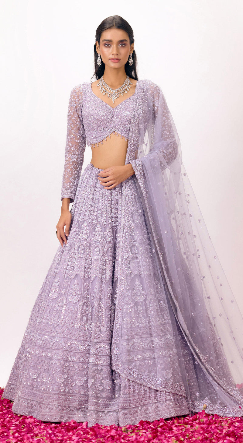 Lilac Net Embroidered Lehenga Set