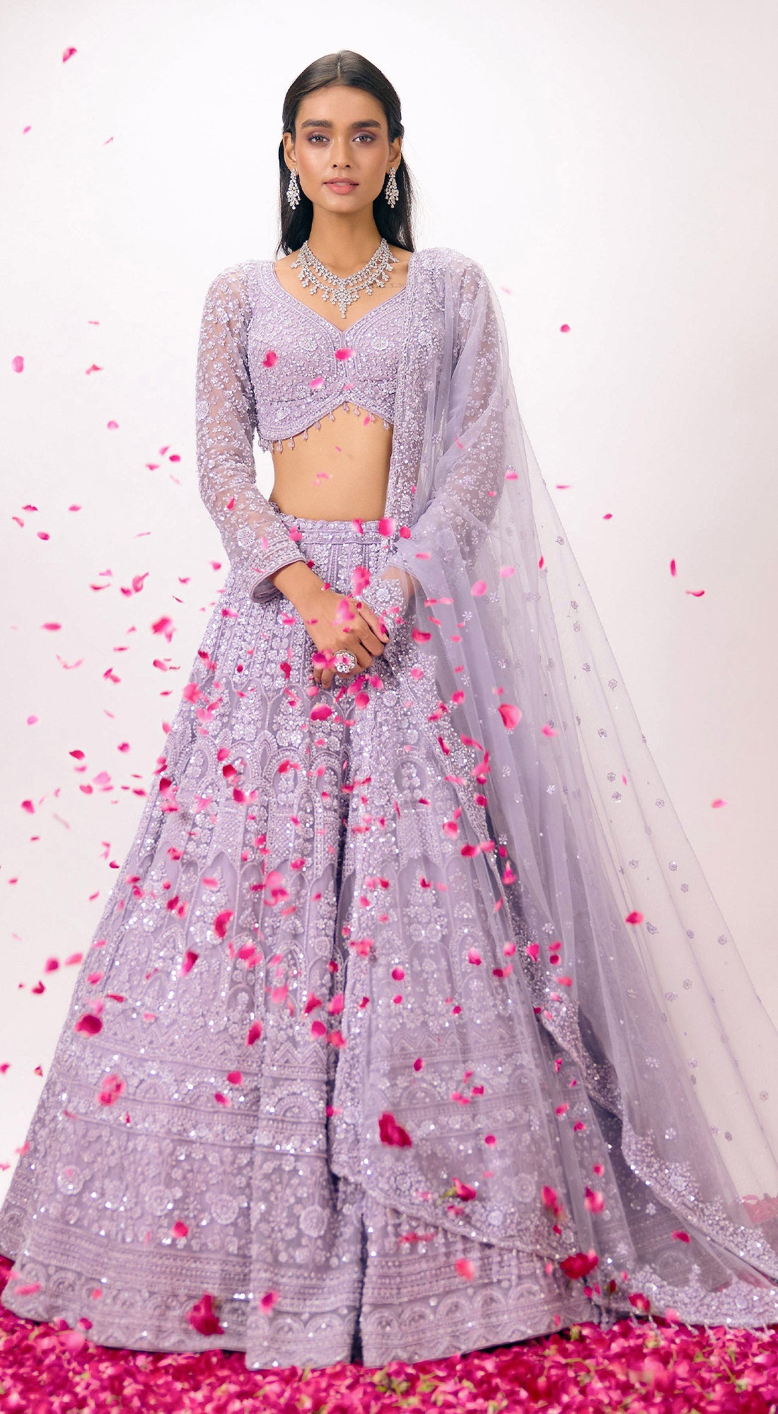 Lilac Net Embroidered Lehenga Set