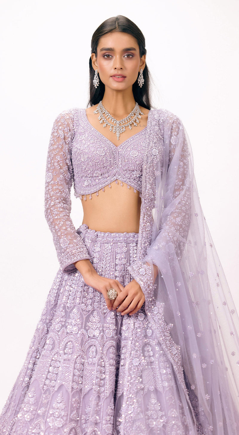 Lilac Net Embroidered Lehenga Set