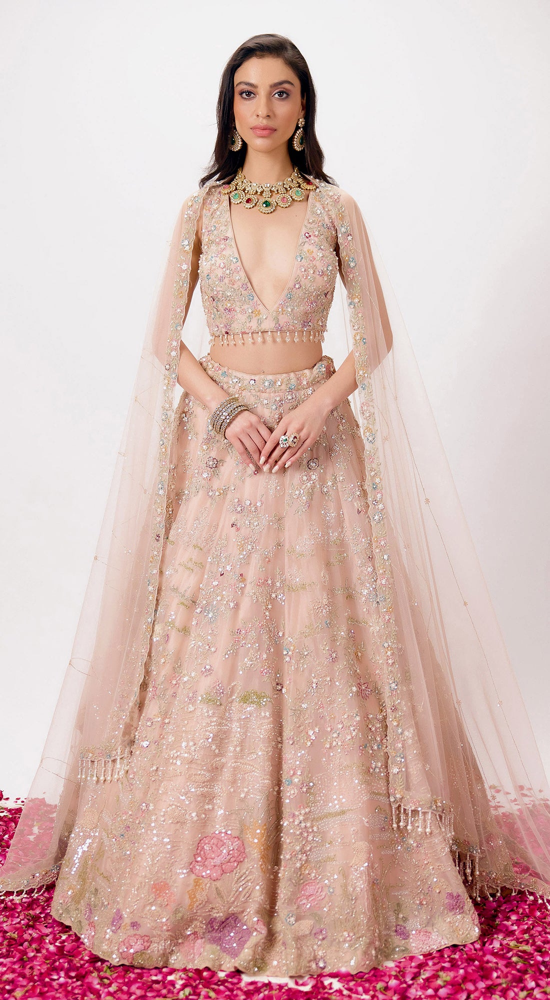 Peach Organza Embroidered Lehenga Set