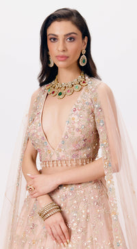 Peach Organza Embroidered Lehenga Set