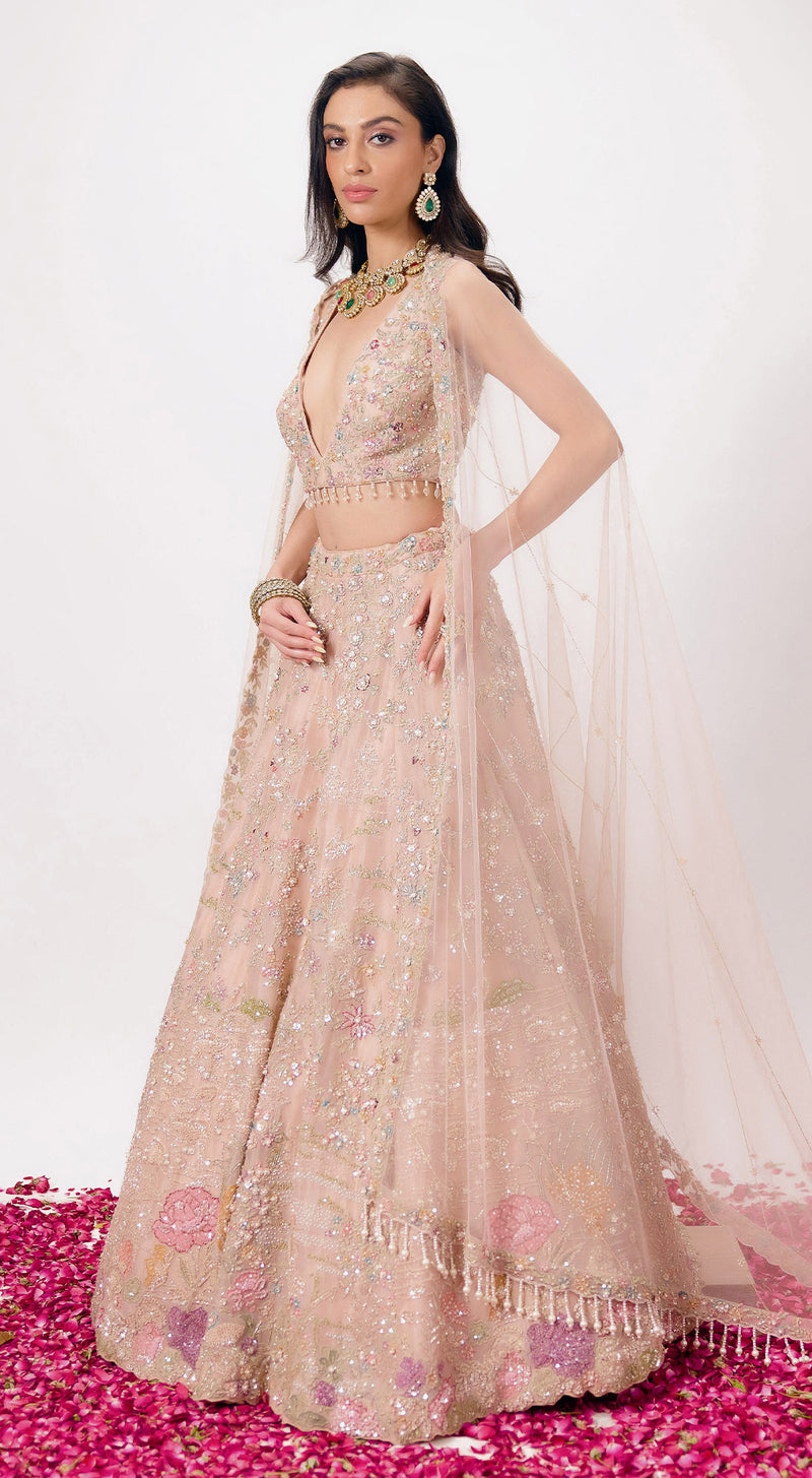 Peach Organza Embroidered Lehenga Set