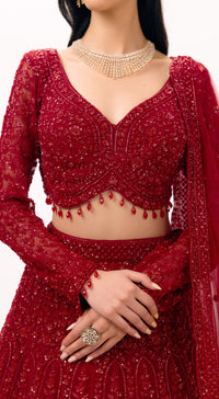 Red Net Embroidered Lehenga Set