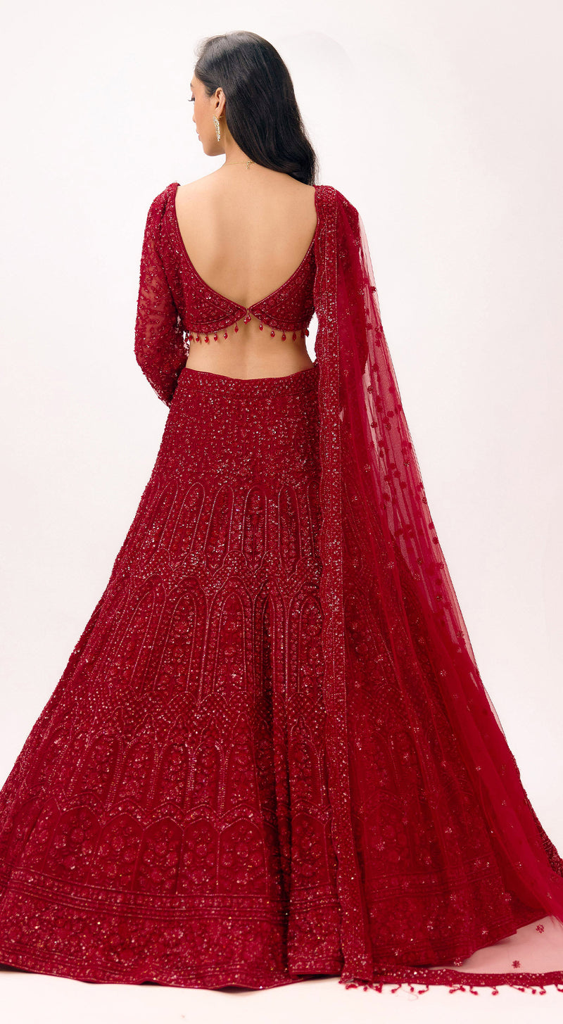 Red Net Embroidered Lehenga Set