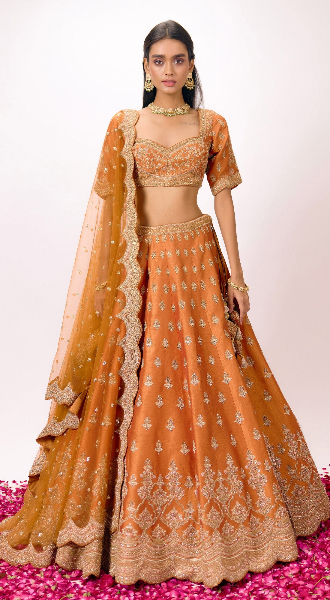 Orange Silk Embroidered Lehenga Set