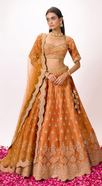 Orange Silk Embroidered Lehenga Set