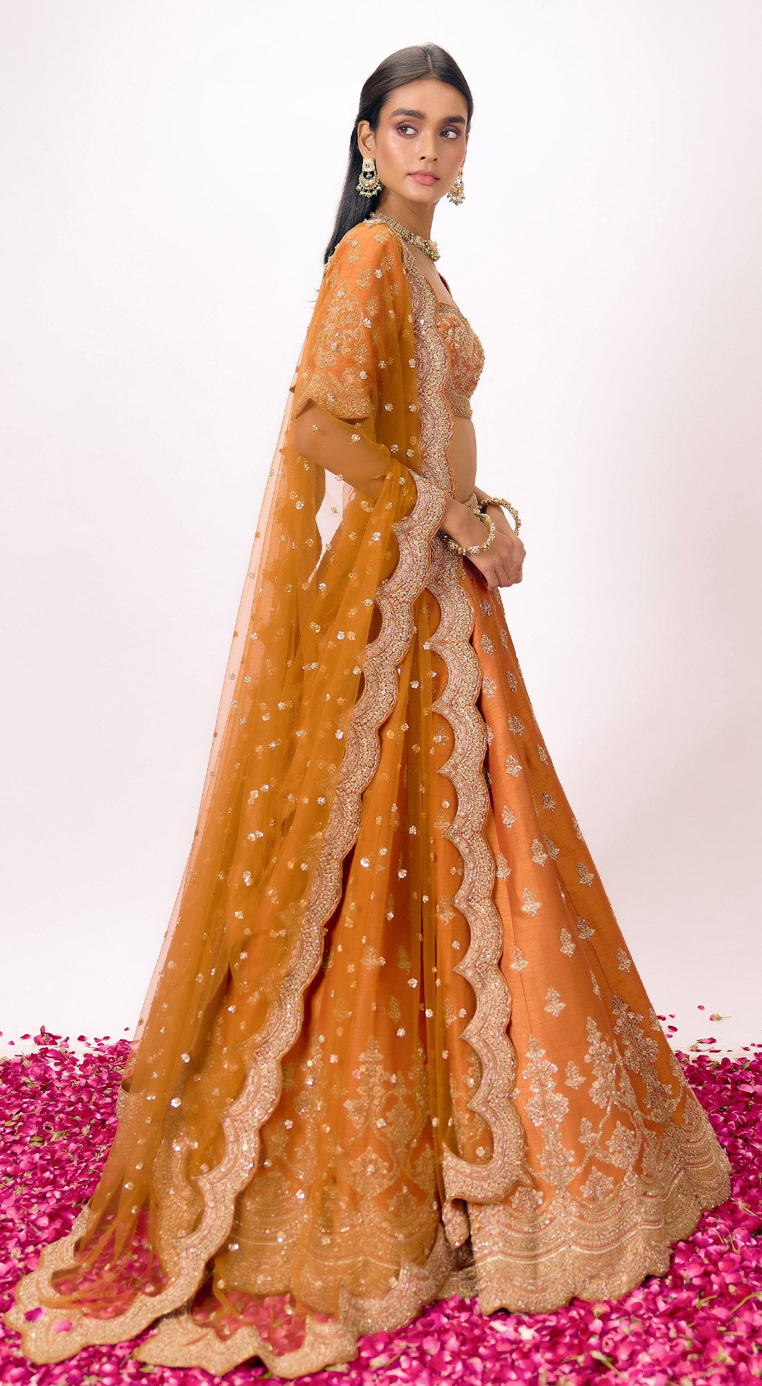 Orange Silk Embroidered Lehenga Set