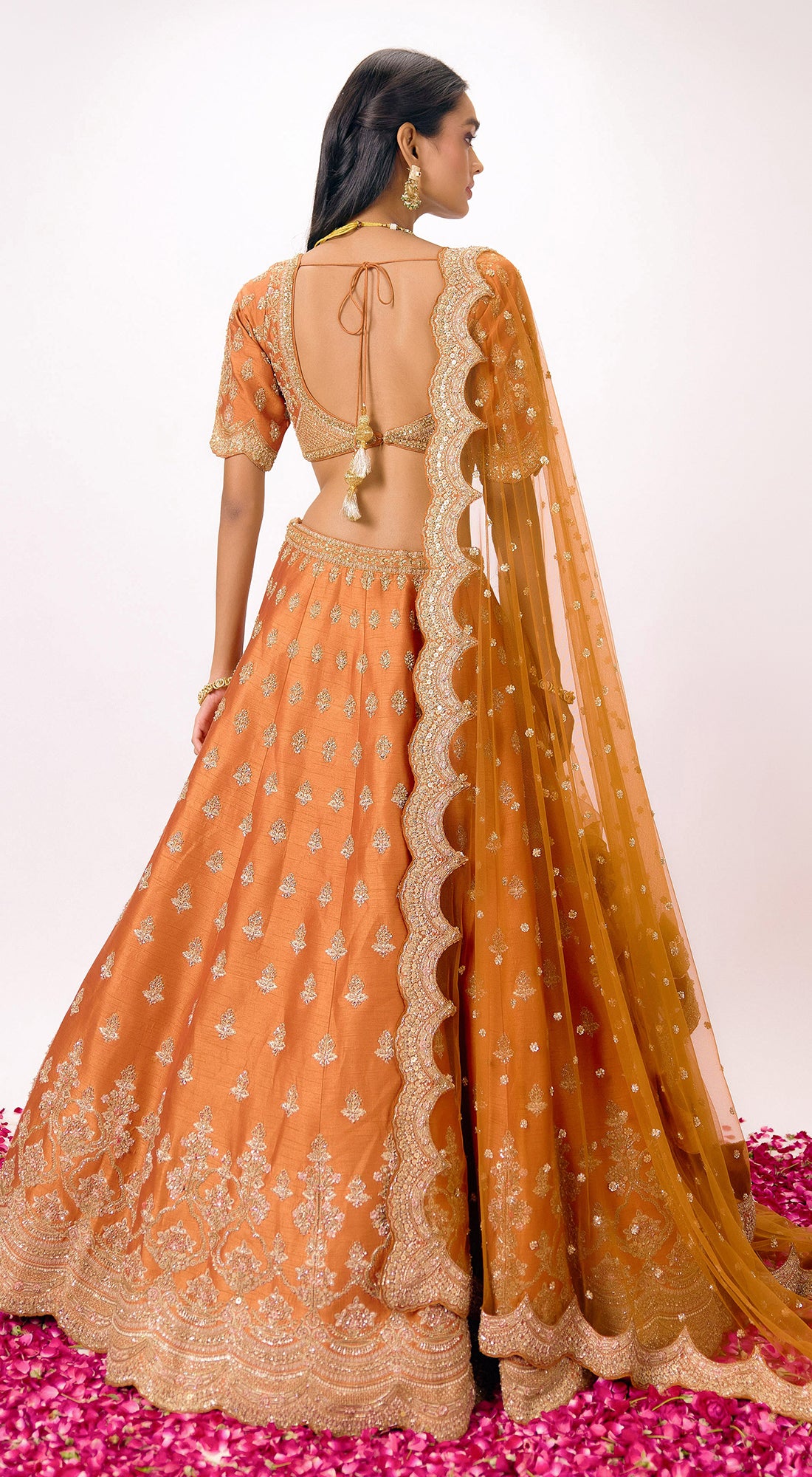 Orange Silk Embroidered Lehenga Set