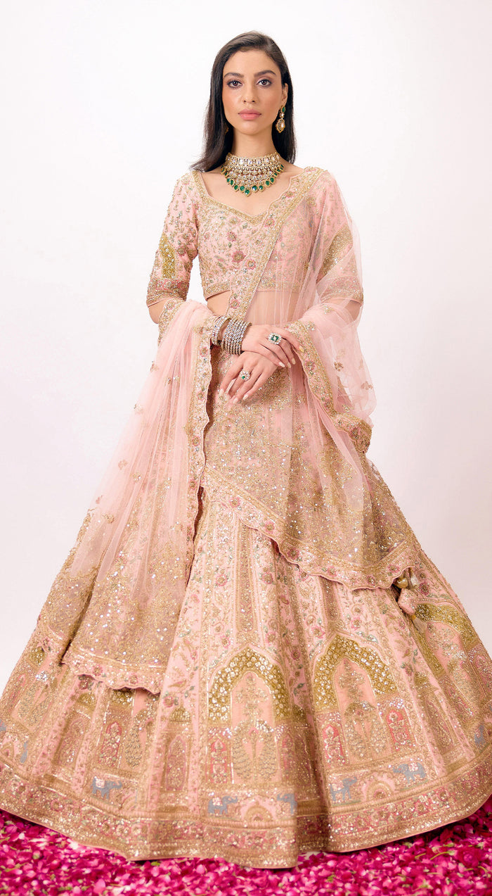 Peach Silk Embroidered Lehenga Set