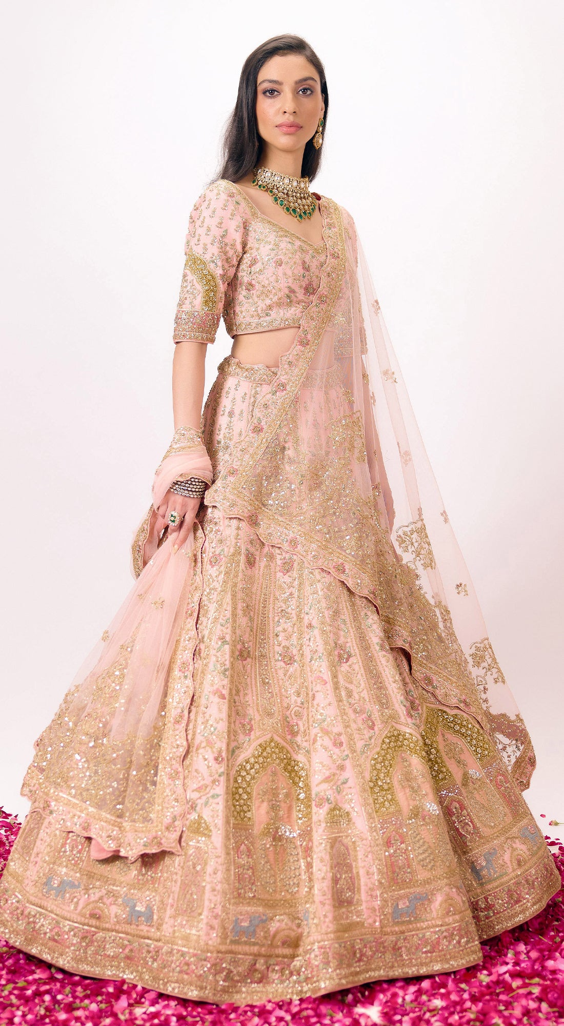 Peach Silk Embroidered Lehenga Set