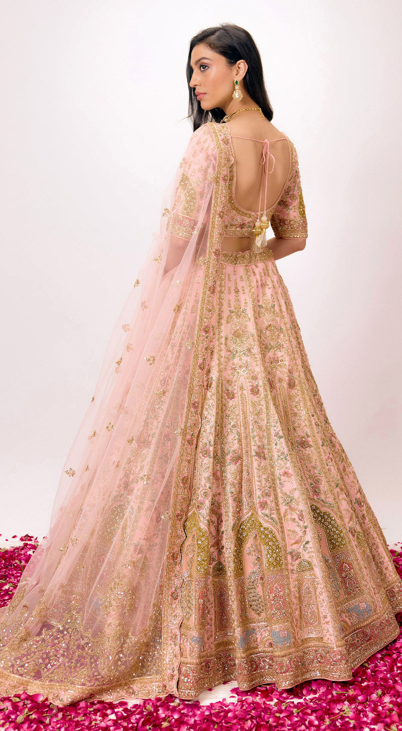 Peach Silk Embroidered Lehenga Set