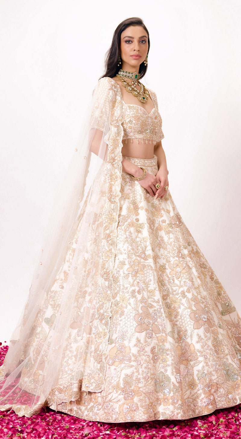 Off-White Silk Embroidered Lehenga Set