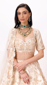 Off-White Silk Embroidered Lehenga Set