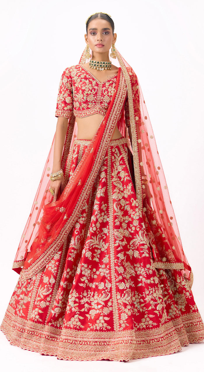 Red Silk Embroidered Lehenga Set