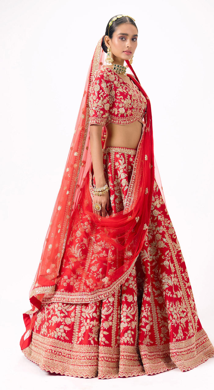 Red Silk Embroidered Lehenga Set