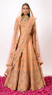 Peach Silk Embroidered Lehenga Set