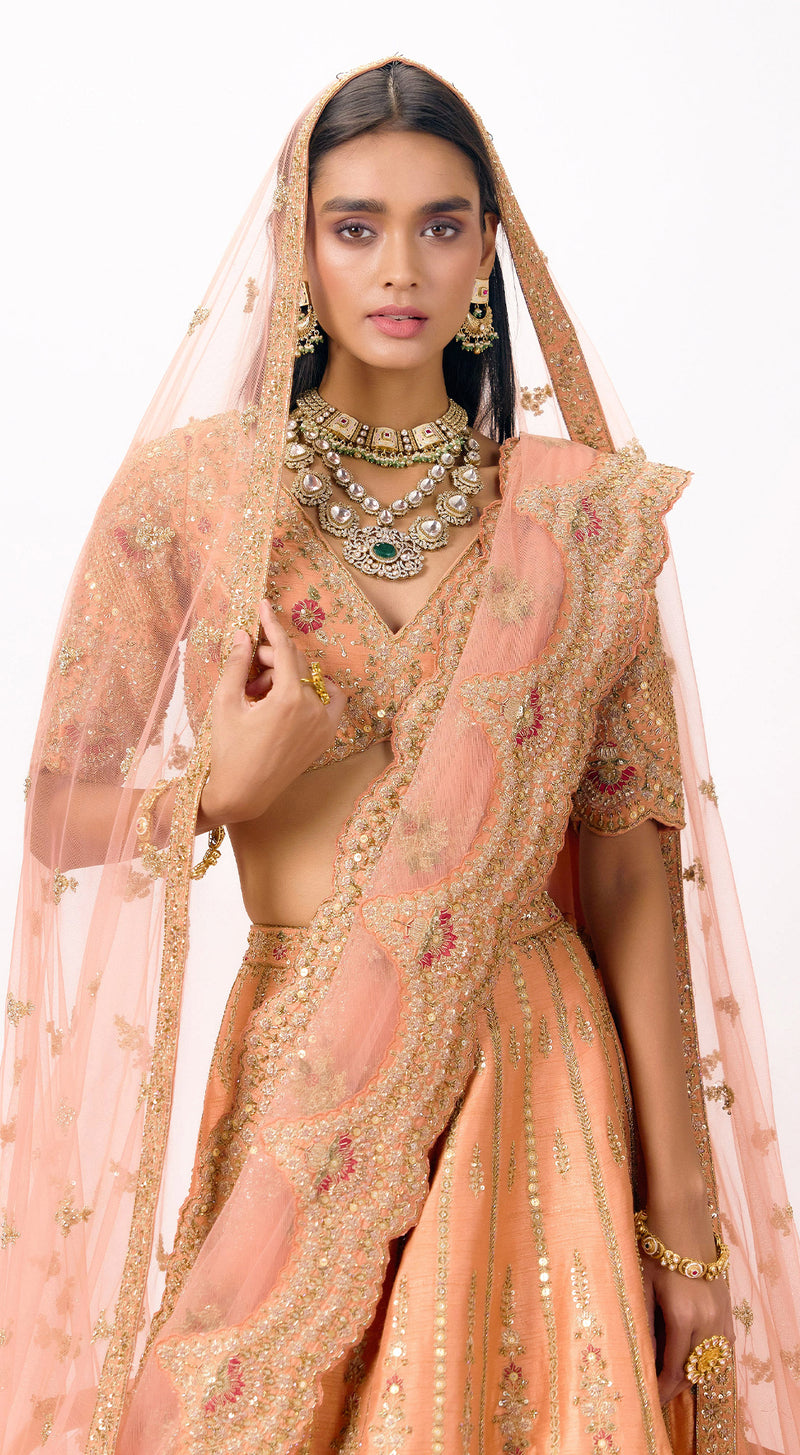 Peach Silk Embroidered Lehenga Set