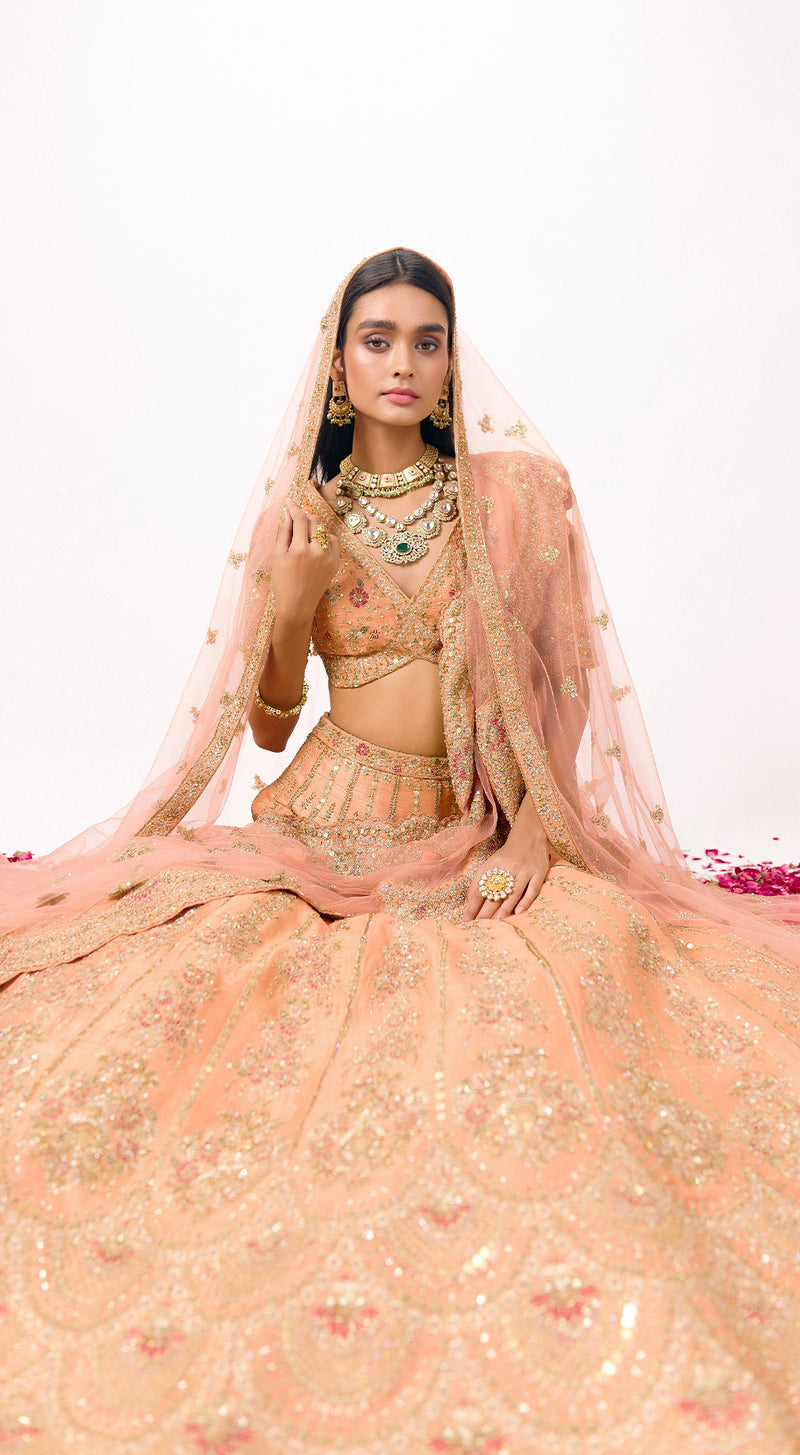 Peach Silk Embroidered Lehenga Set