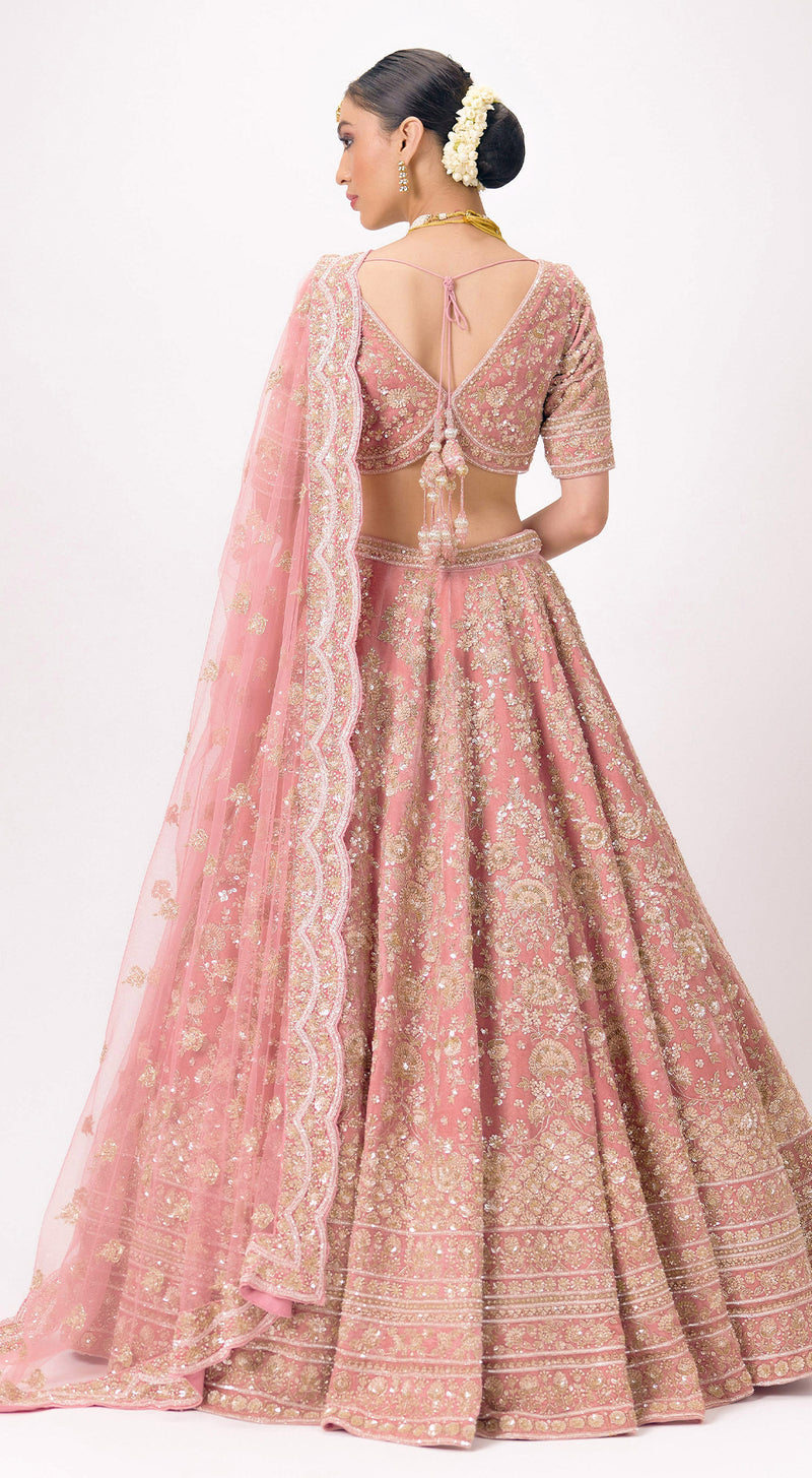 Onion - Pink Velvet Embroidered Lehenga Set with Veil