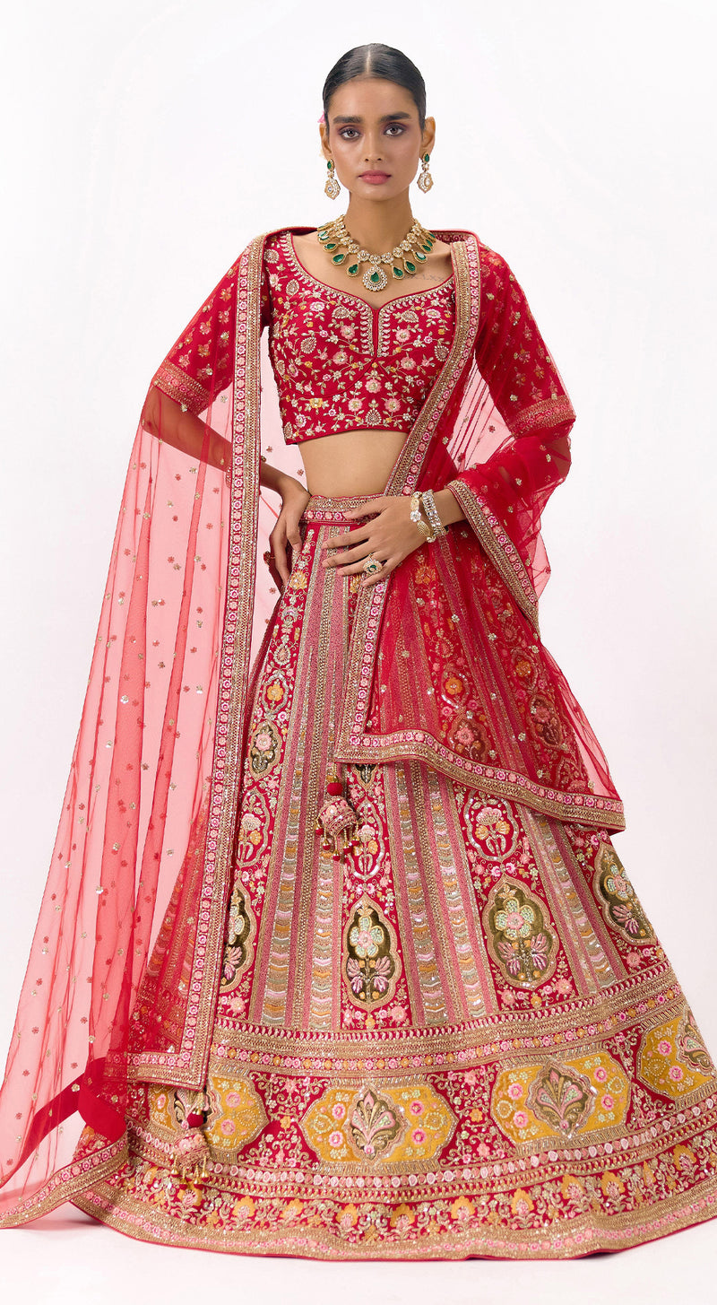 Red Silk Embroidered Lehenga Set