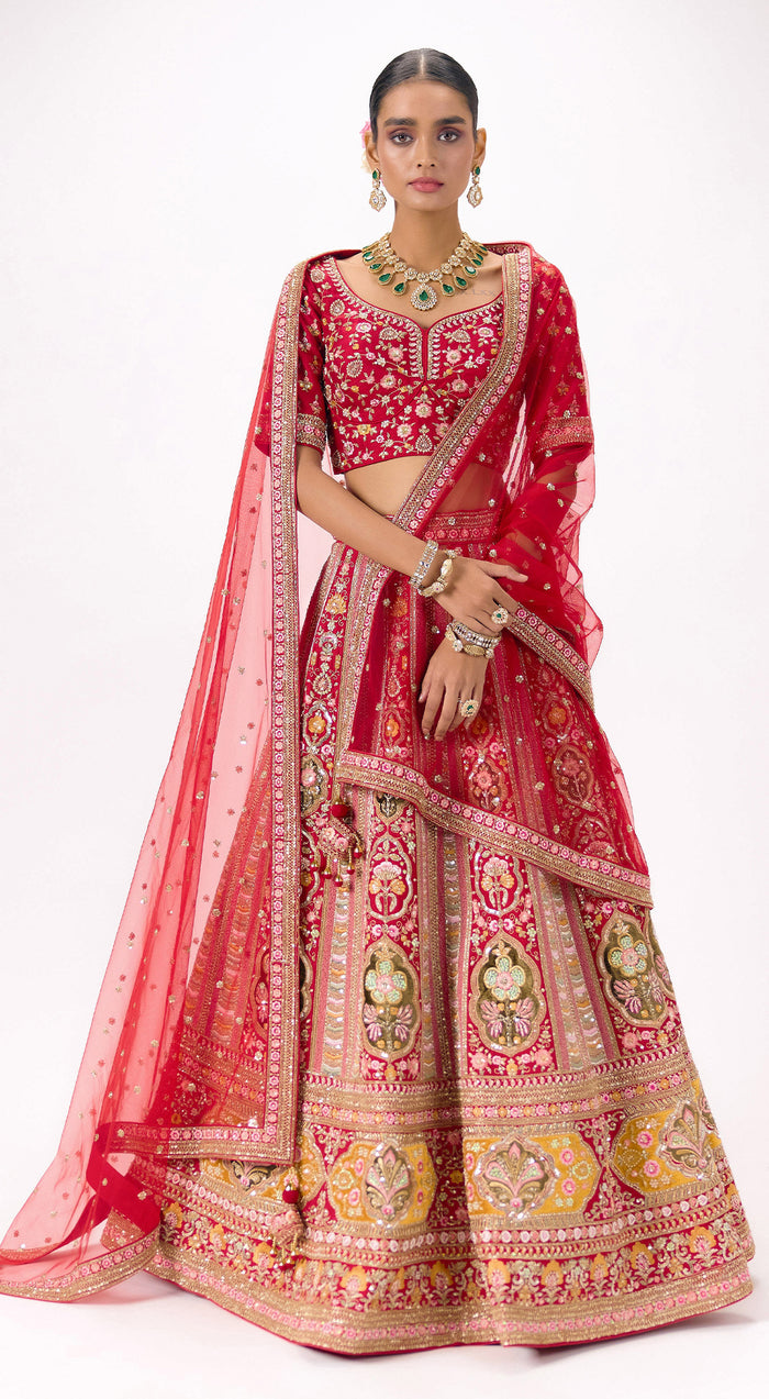 Red Silk Embroidered Lehenga Set