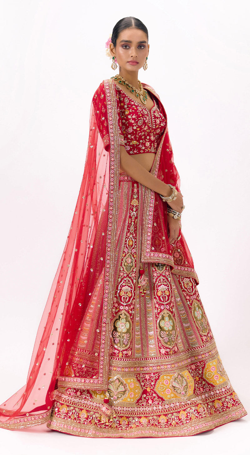 Red Silk Embroidered Lehenga Set