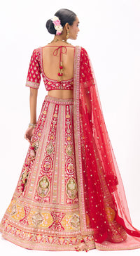 Red Silk Embroidered Lehenga Set