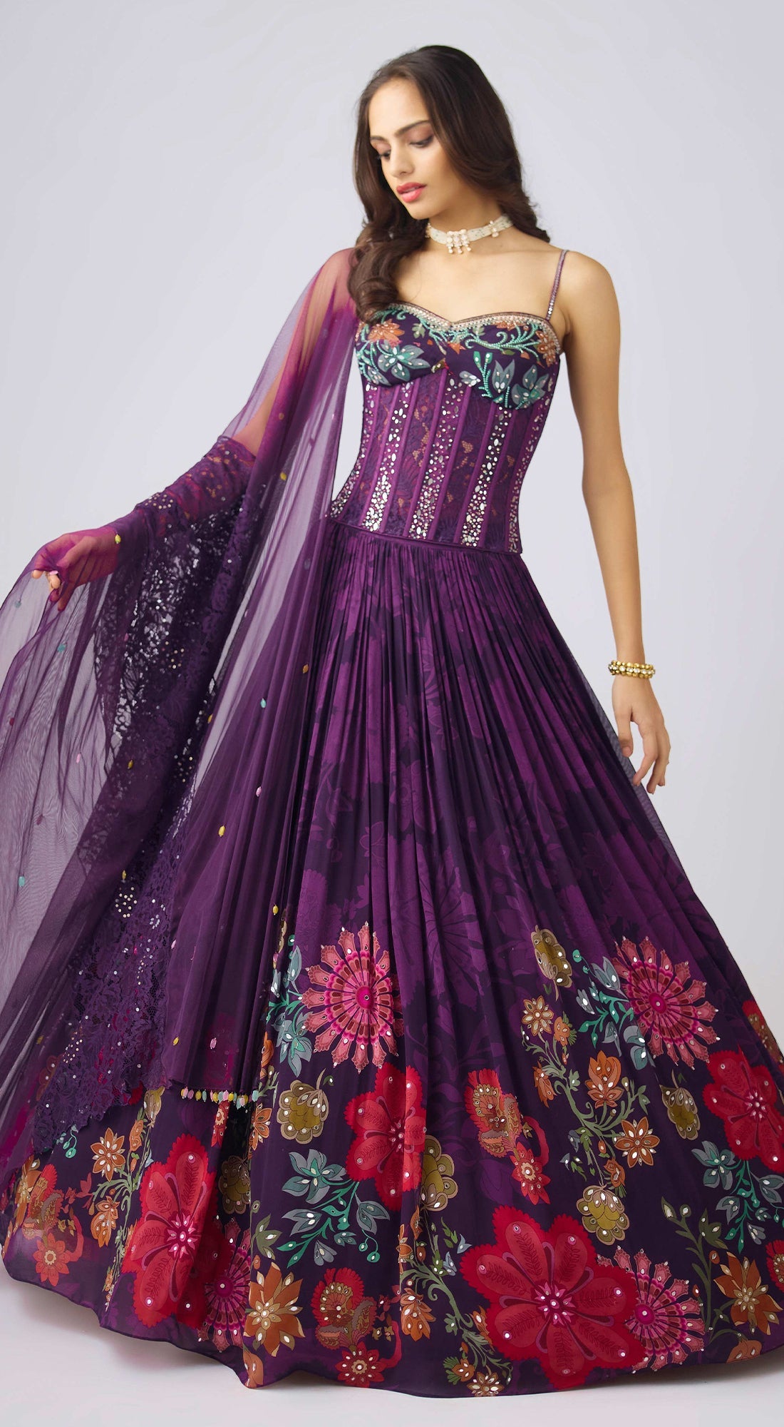 Purple Georgette Embroidered Lehenga Set