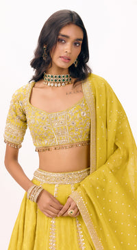 Yellow Tissue Silk Embroidered Lehenga Set