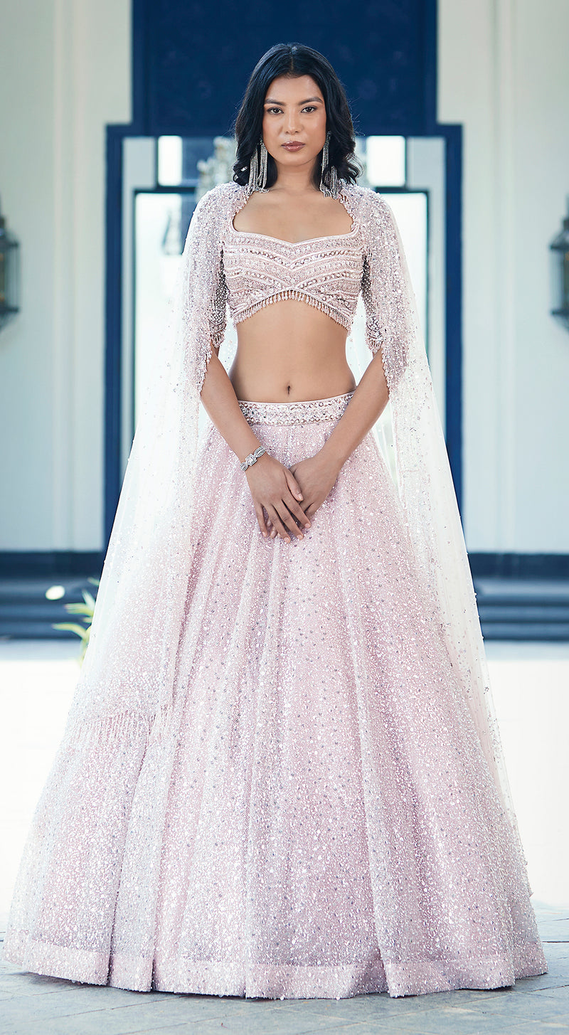 Pink Sequins Net Embroidered Lehenga Set