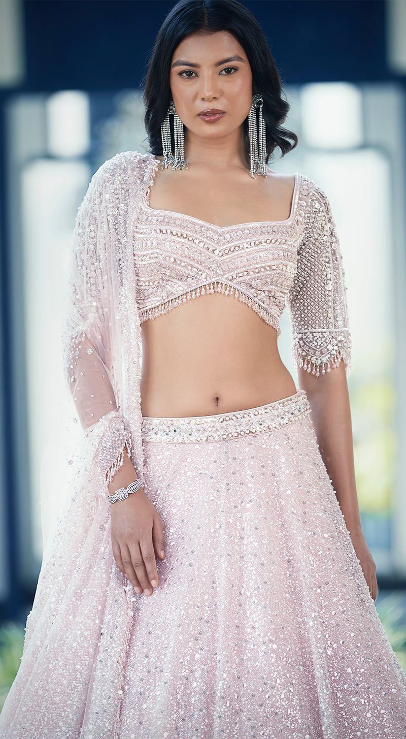 Pink Sequins Net Embroidered Lehenga Set