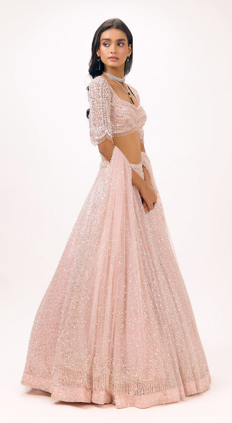 Pink Sequins Net Embroidered Lehenga Set