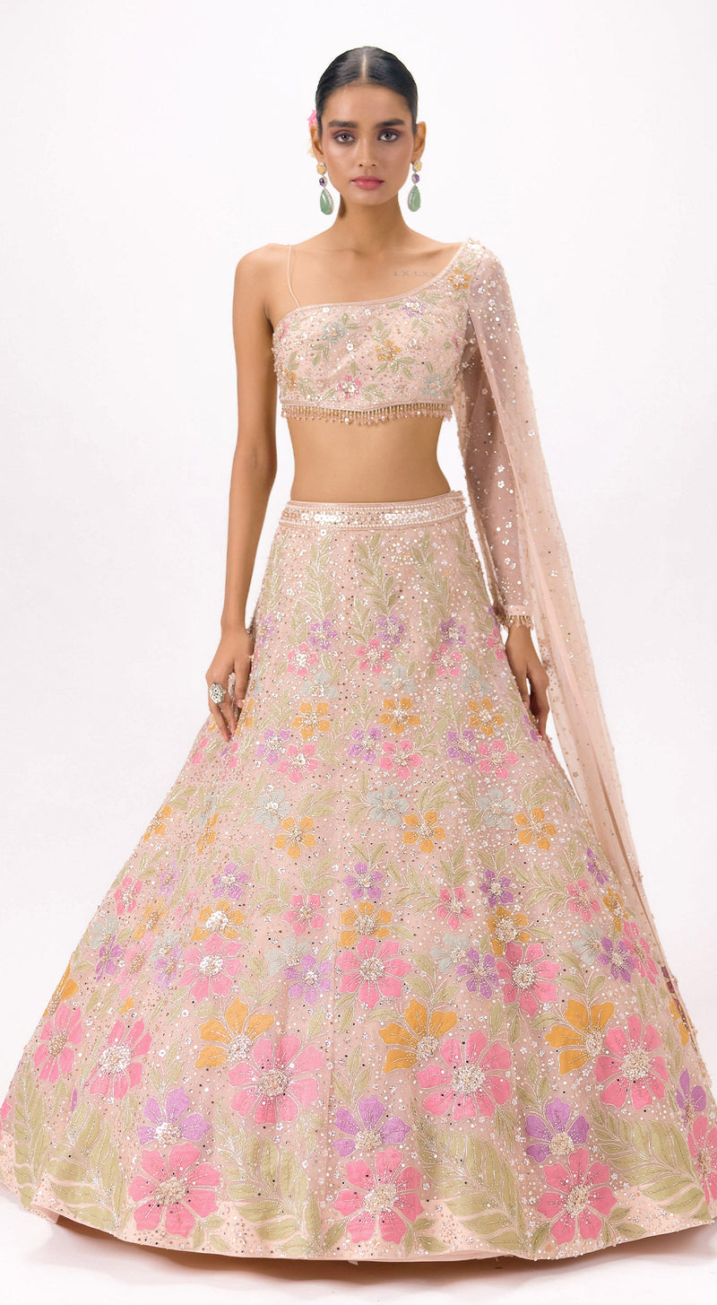 Beige Net Embroidered One Shoulder Lehenga Set