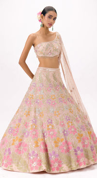 Beige Net Embroidered One Shoulder Lehenga Set