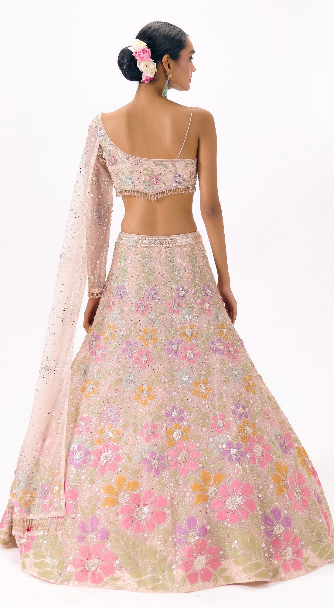 Beige Net Embroidered One Shoulder Lehenga Set