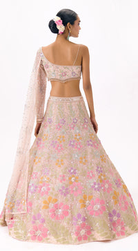 Beige Net Embroidered One Shoulder Lehenga Set