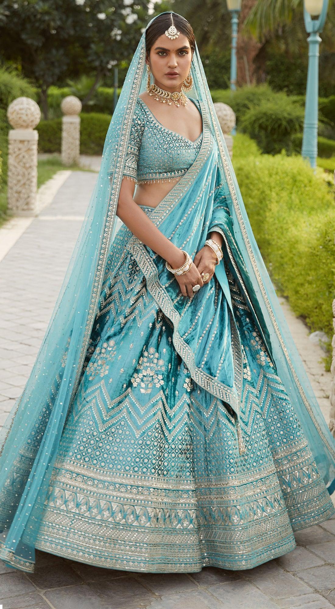 Blue Bridal Velvet Lehenga Set - Basanti Kapde aur Koffee