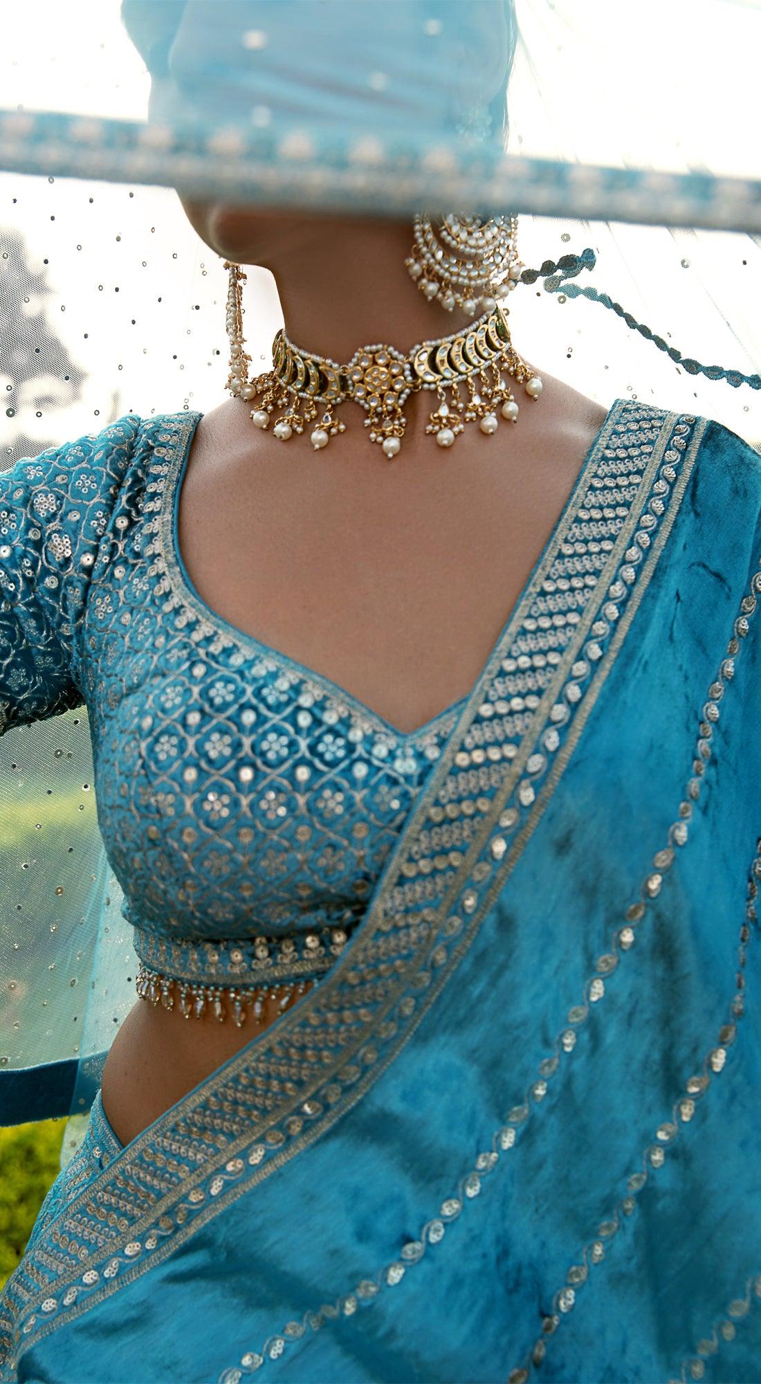 Blue Bridal Velvet Lehenga Set - Basanti Kapde aur Koffee