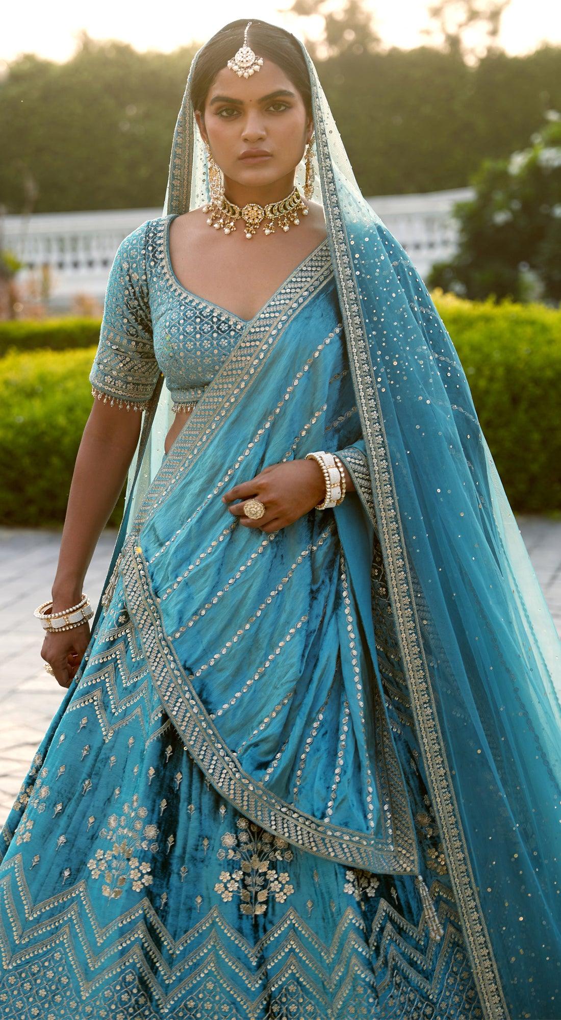 Blue Bridal Velvet Lehenga Set - Basanti Kapde aur Koffee