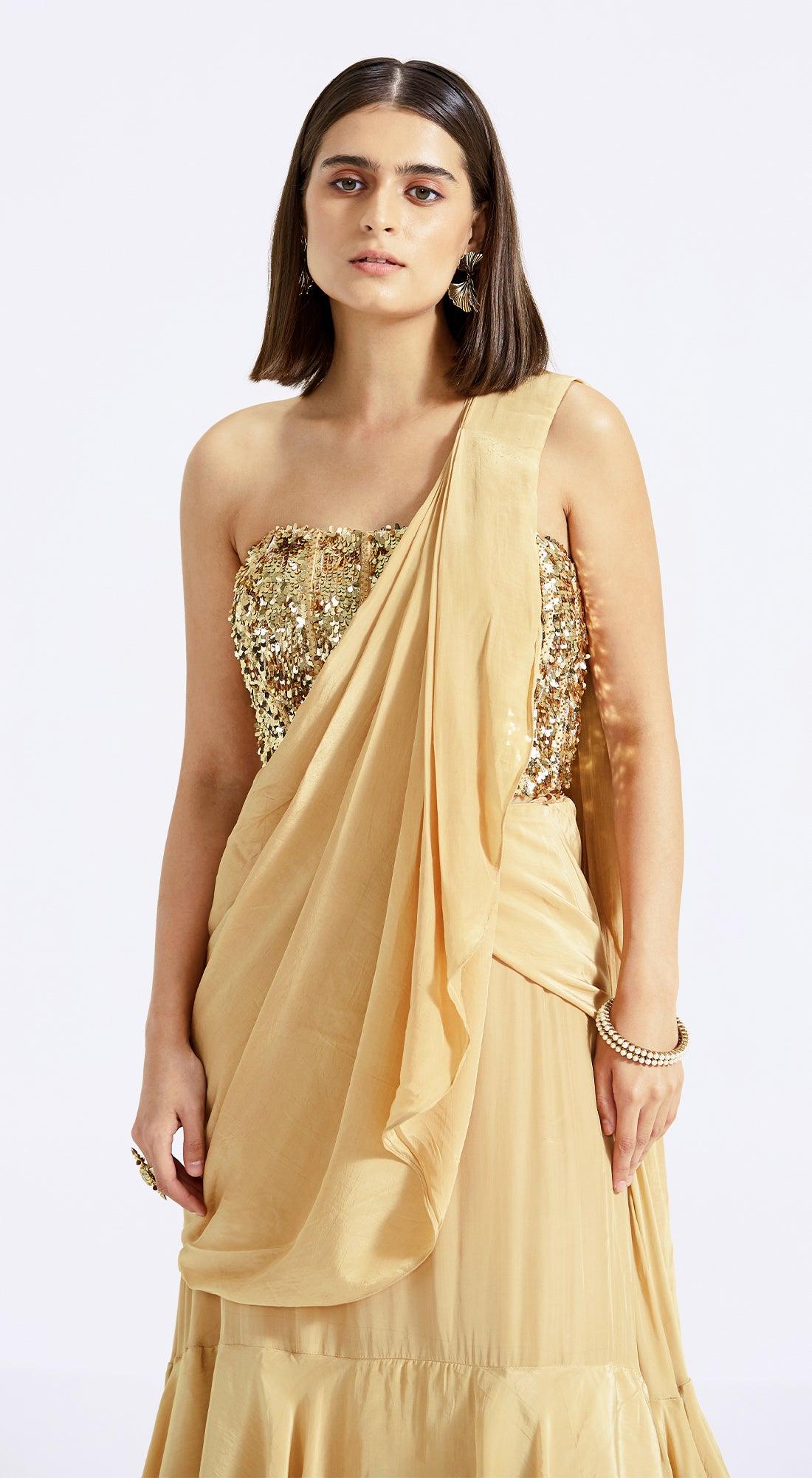 Gold Pre-Draped Saree Set - Basanti Kapde aur Koffee