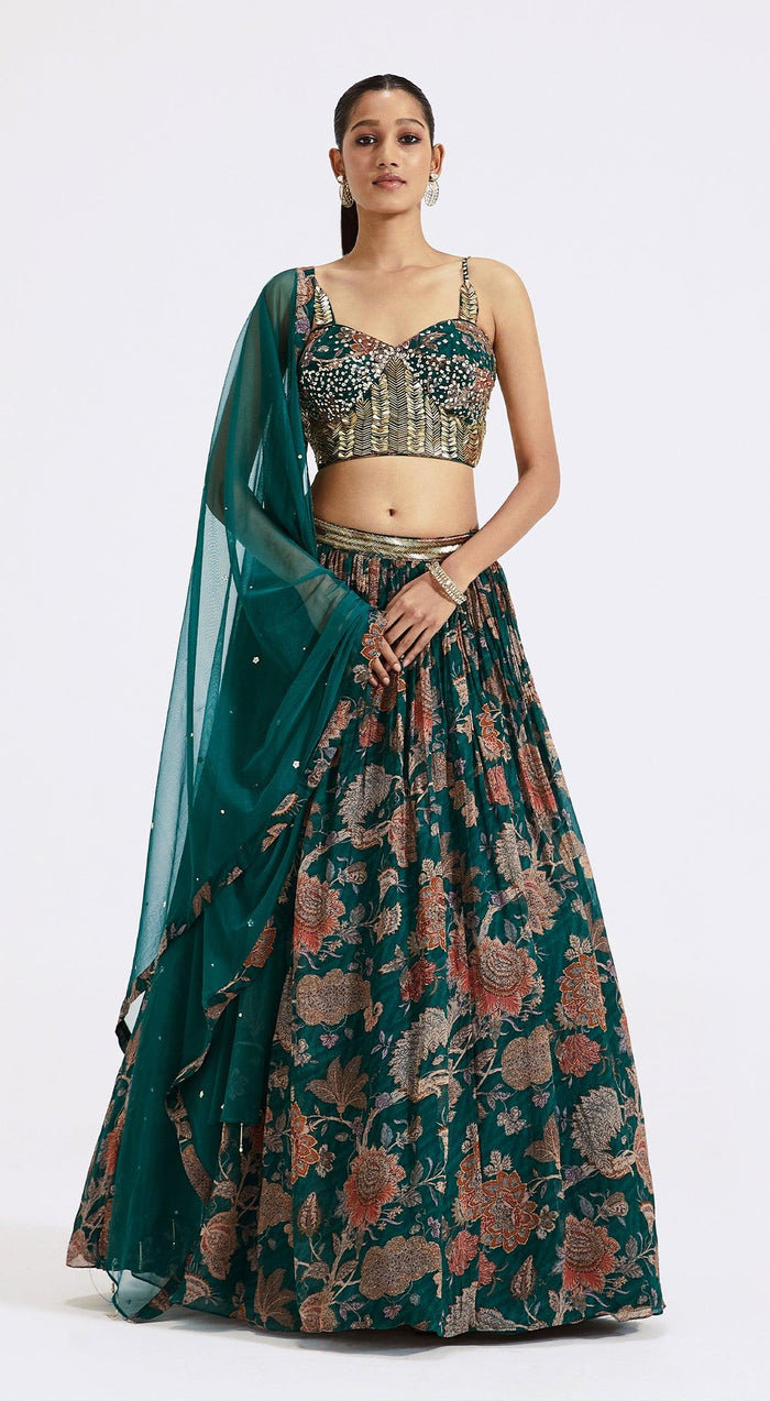 Green Floral Print Lehenga Set - Basanti Kapde aur Koffee