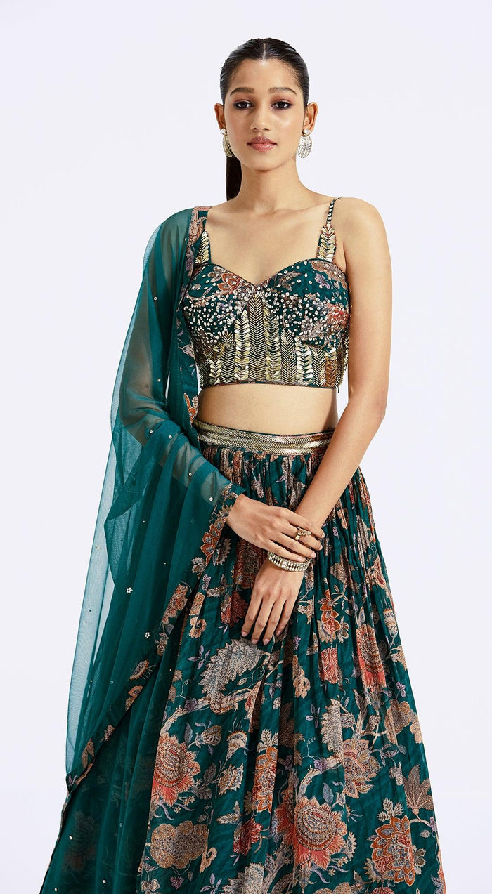 Green Floral Print Lehenga Set - Basanti Kapde aur Koffee