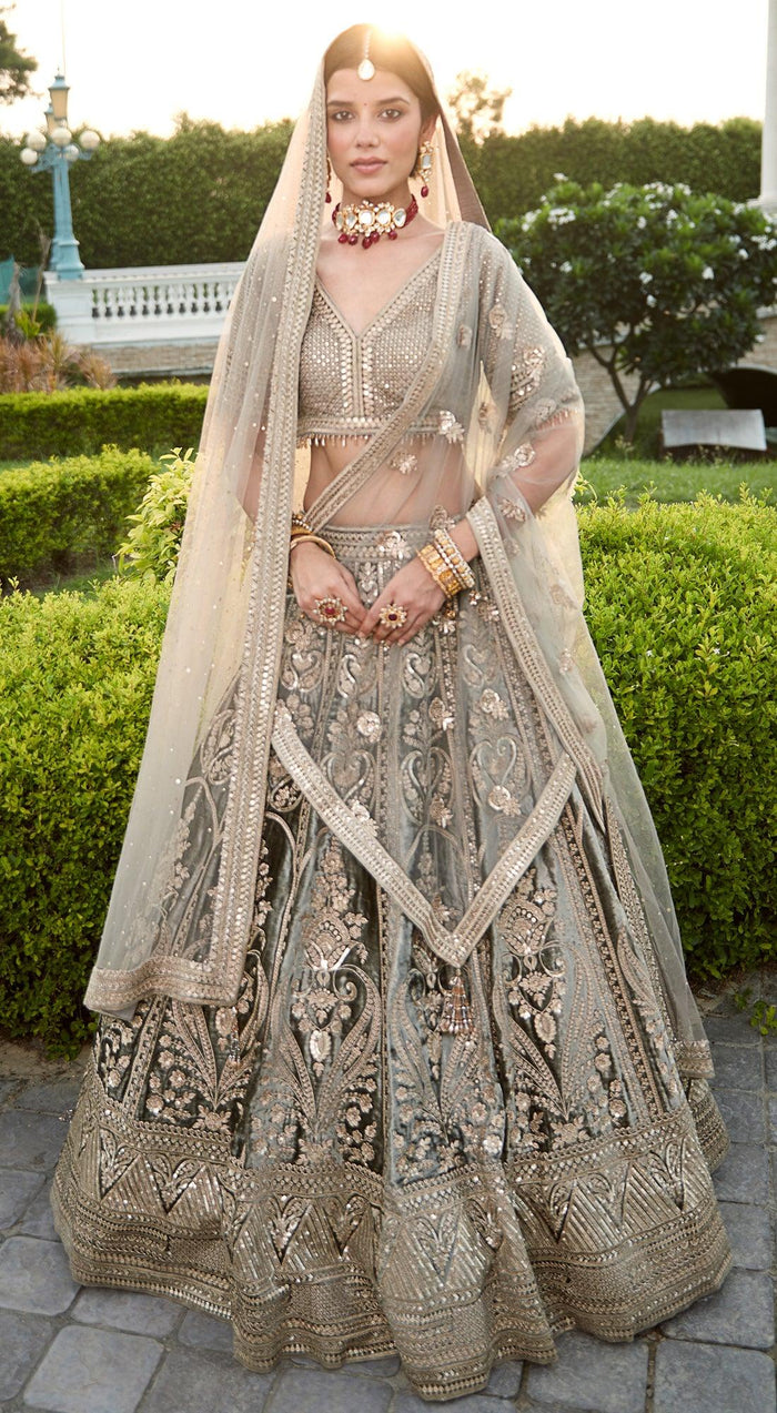 Grey Bridal Velvet Lehenga Set - Basanti Kapde aur Koffee