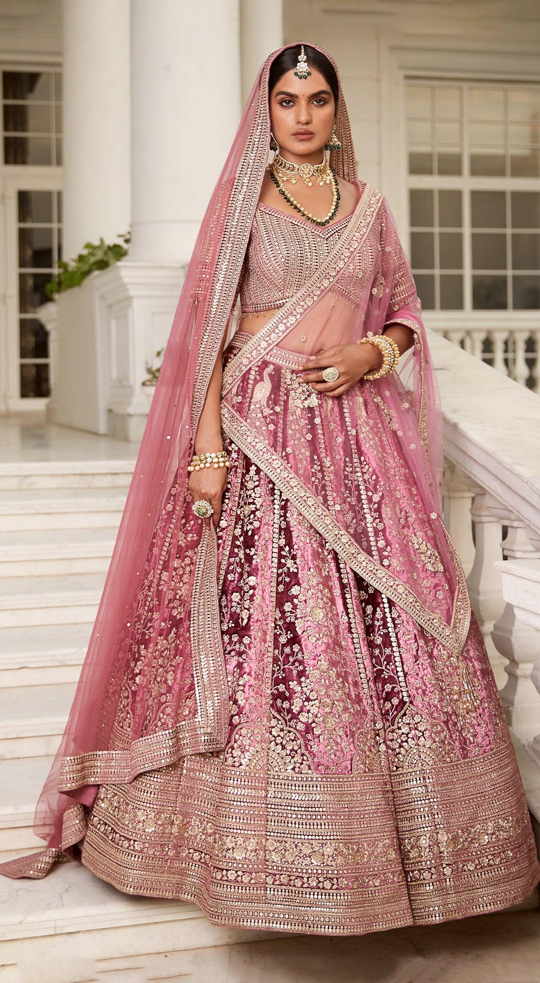 Pink Bridal Velvet Lehenga Set - Basanti Kapde aur Koffee