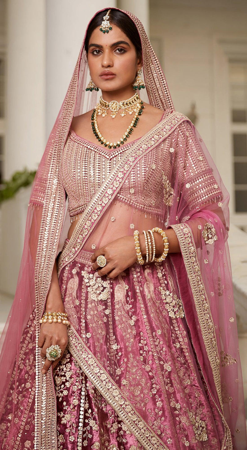 Pink Bridal Velvet Lehenga Set - Basanti Kapde aur Koffee