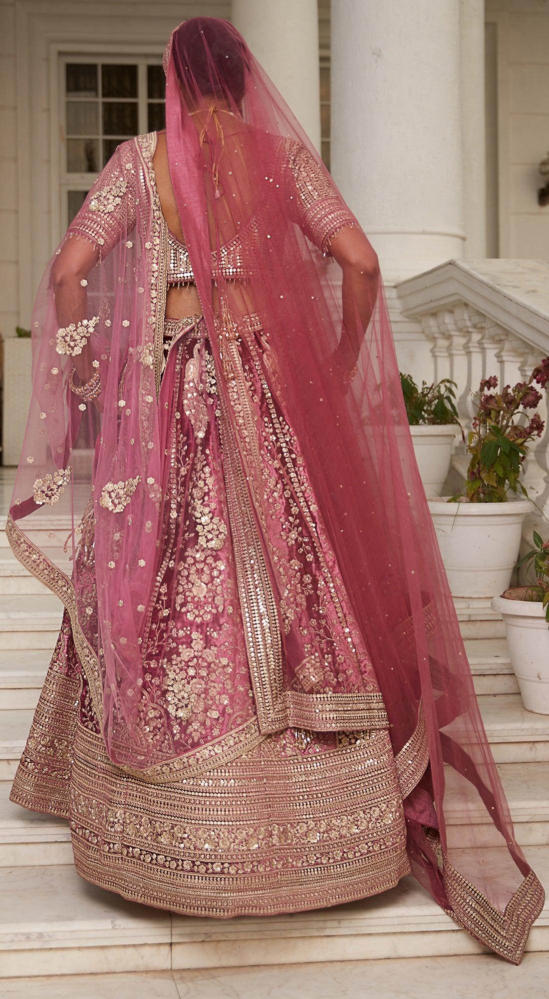 Pink Bridal Velvet Lehenga Set - Basanti Kapde aur Koffee